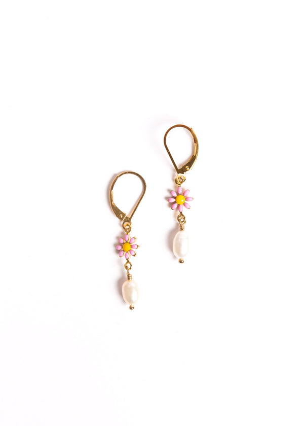 Pearls & Pink Daisies Earrings