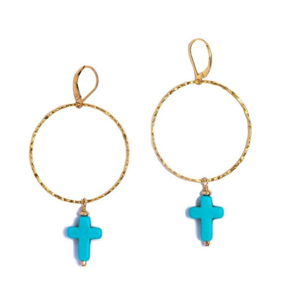 Turquoise Cross, Hoop Earrings