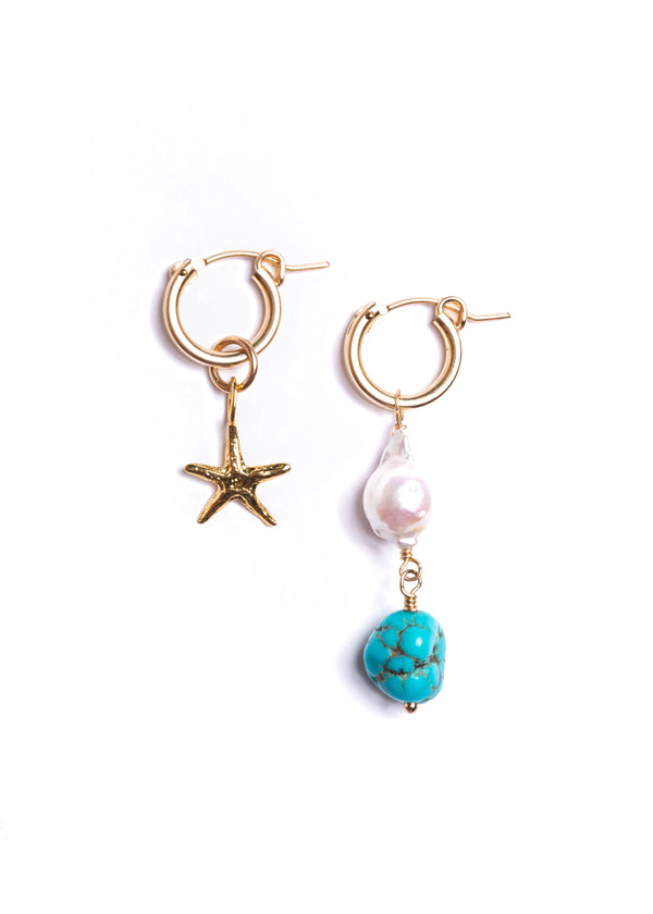 Starfish, Pearl, and Turquoise Hoops