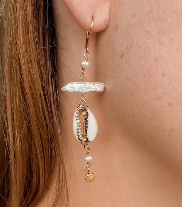 Biwa Pearl, Cowry Pearl Shell Earrings