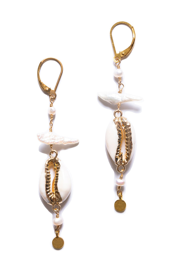 Biwa Pearl, Cowry Pearl Shell Earrings