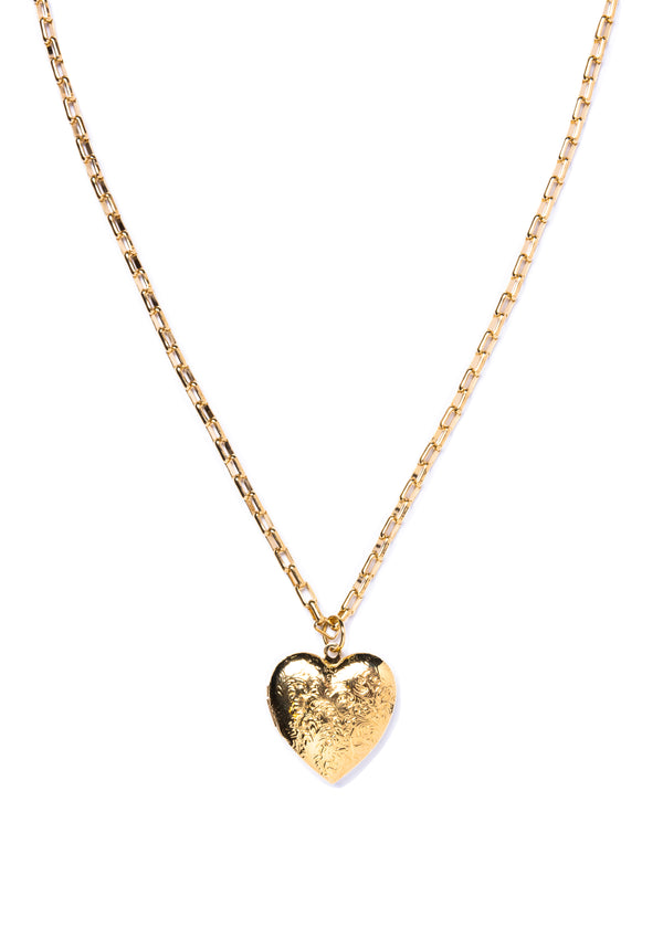 Large Gold Etched Heart Locket Necklace