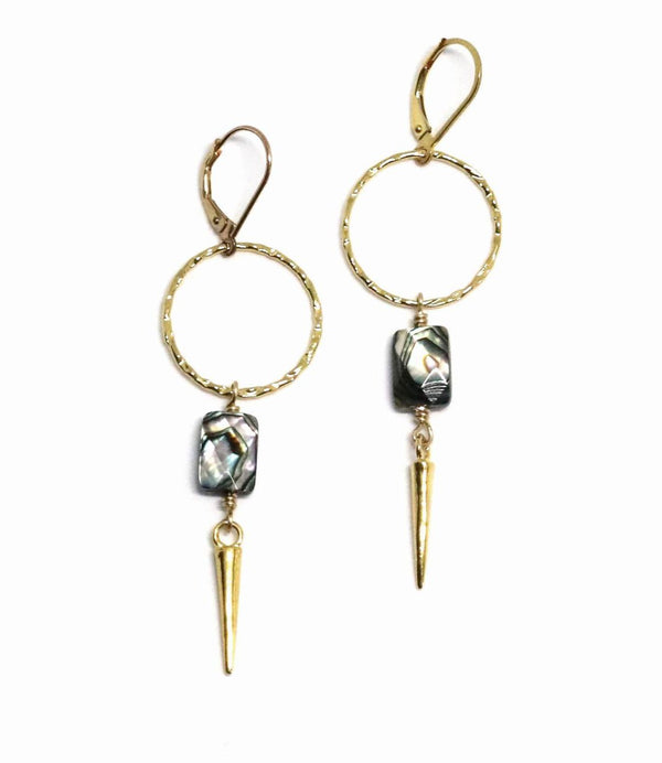 Gold Round Abalone Spike Earrings